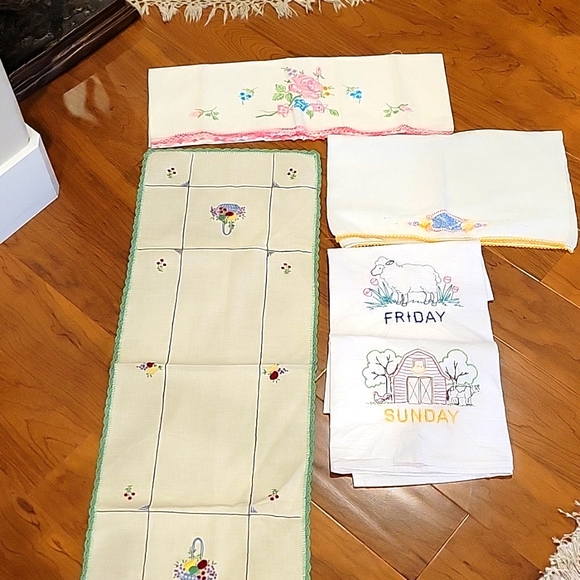 Vintage 1950s all hand embroidered kitchen towels runner & pillow case LOT